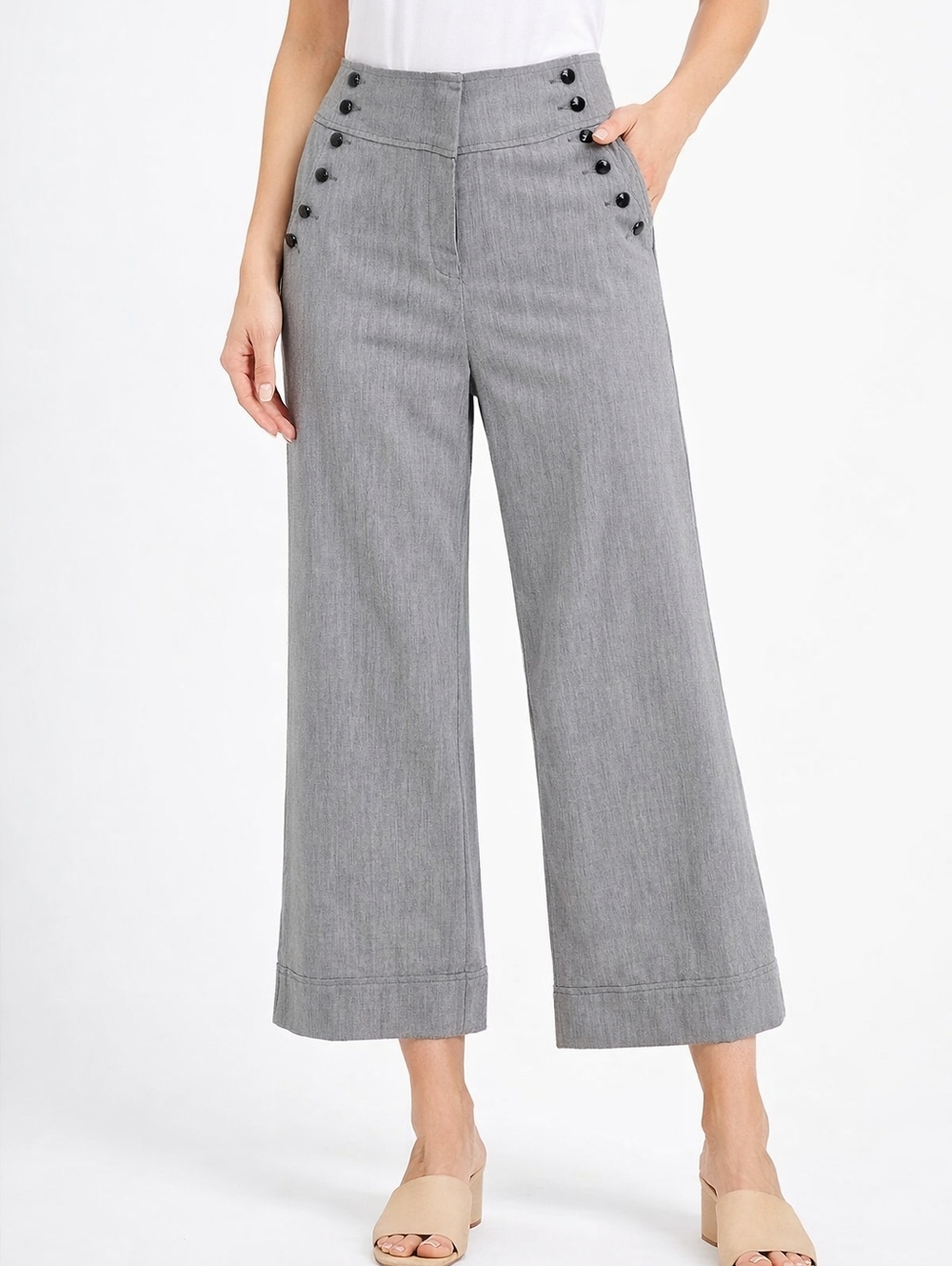 Flamingo Gray Wide Leg Pants Women Large High Rise Button Detail Stretch